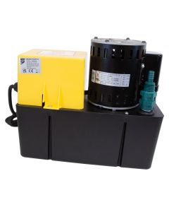 Aspen Heavy Duty Condensate Pump (Model PP0746) with a yellow control box and black pump housing featuring a robust motor and green outlet nozzle. The pump includes a power cord and safety labels, designed for efficient air conditioning condensate removal